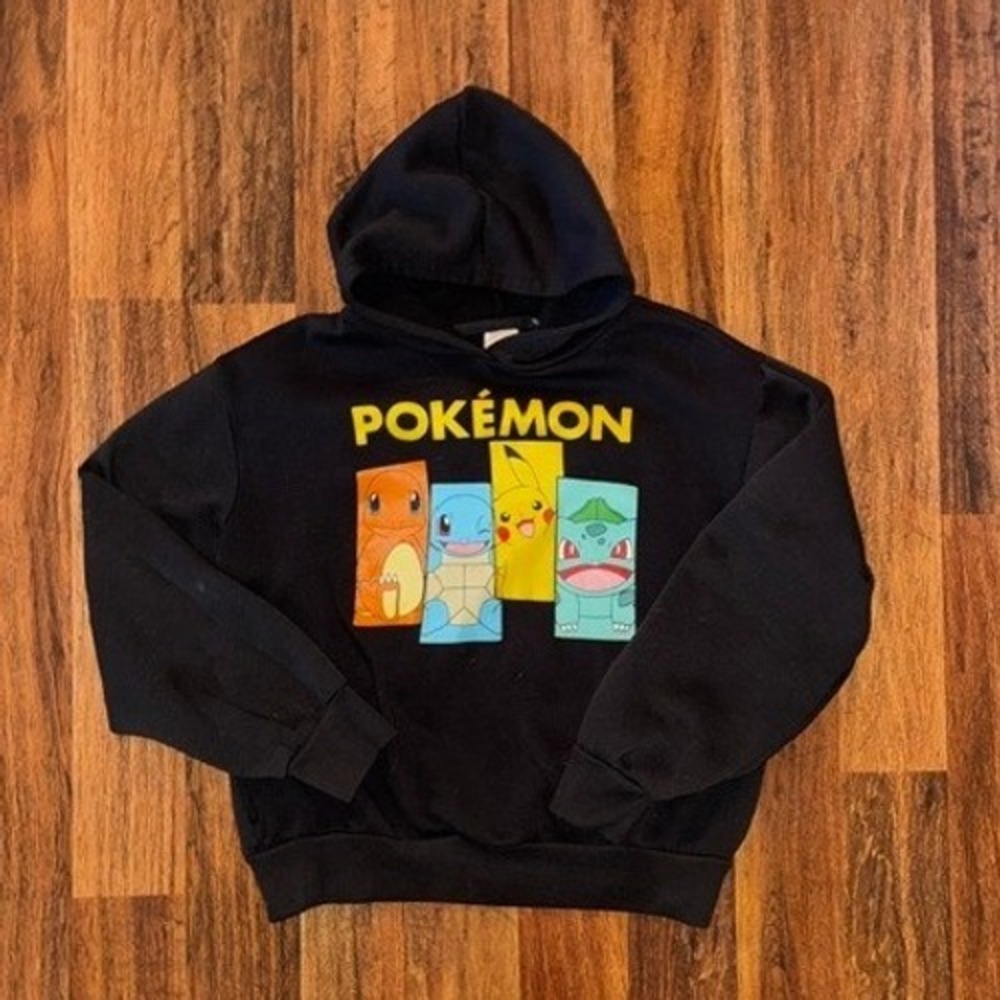 Pokemon Graphic Hoodie Black Pikachu Charmander Squirtle Bulbasaur Youth 14/16